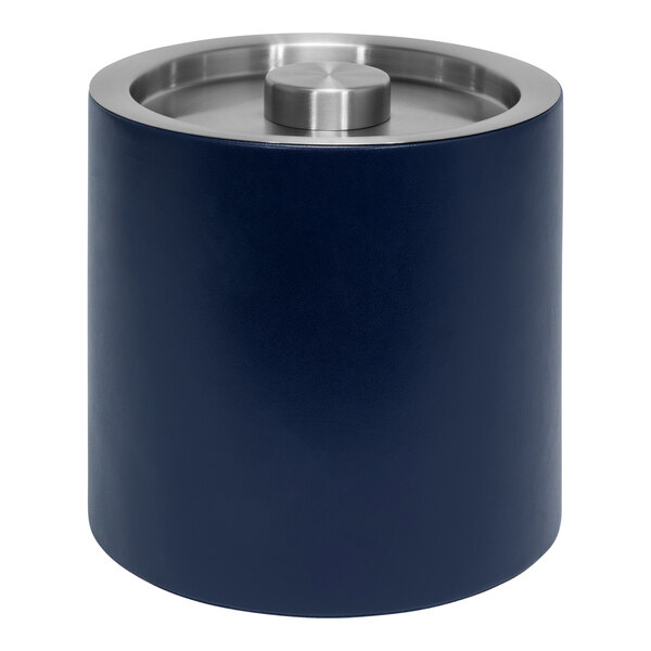 A navy blue faux leather cylindrical ice bucket with a silver lid.