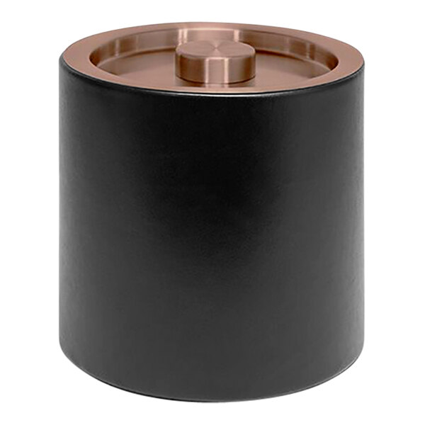 A black faux leather ice bucket with a rose gold lid.