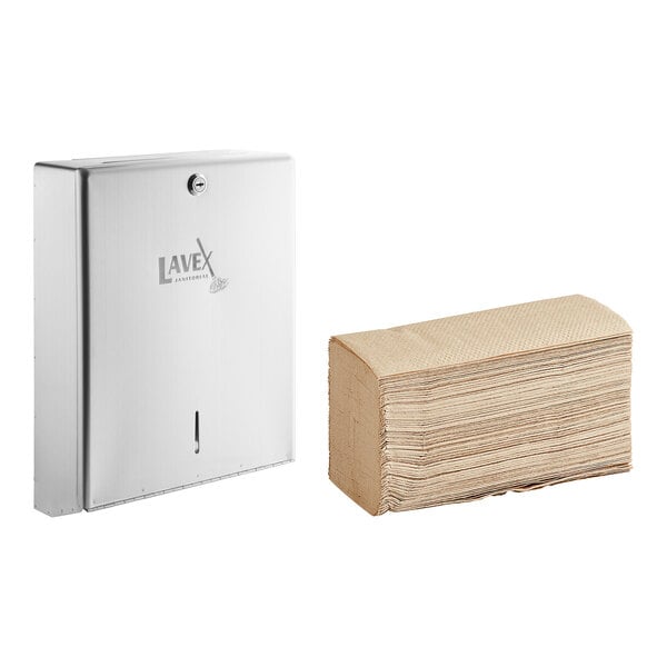 A Lavex stainless steel multifold paper towel dispenser with a stack of paper towels.