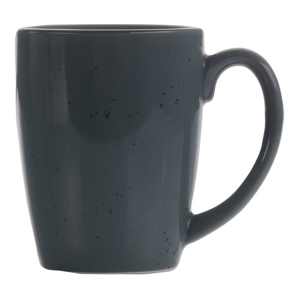 A grey International Tableware stoneware mug with speckles and a handle.
