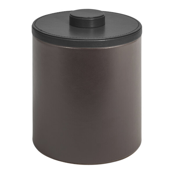 A round brown faux leather ice bucket with a black lid.