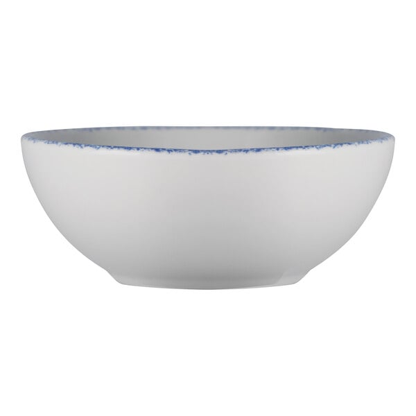 A white porcelain bowl with a blue sponged rim.