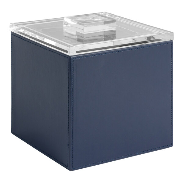 A navy blue faux leather box with a clear plastic lid.