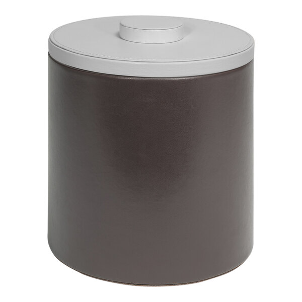 A round brown faux leather ice bucket with a white lid.