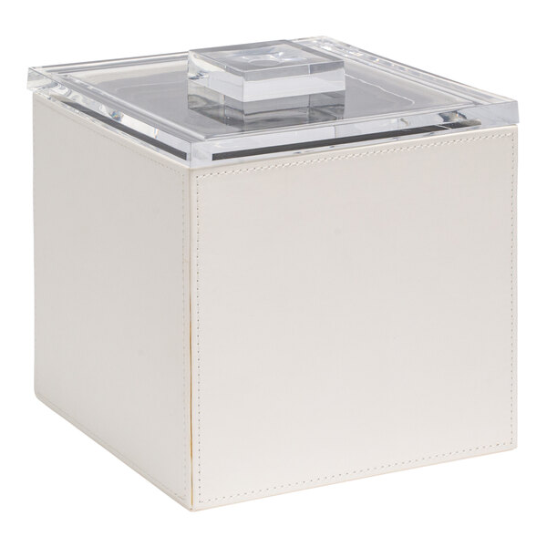 A white faux leather square ice bucket with an acrylic lid.