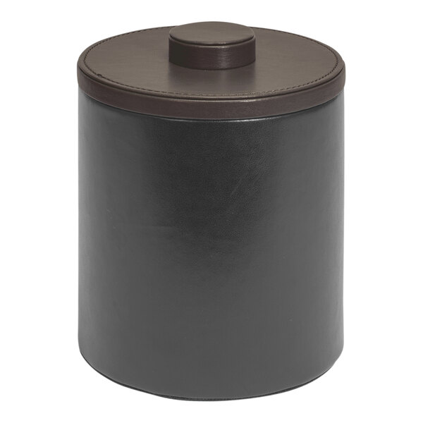 A black round Room360 London ice bucket with a brown lid.