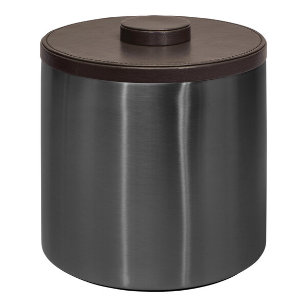 A Room360 matte black stainless steel ice bucket with a brown faux leather lid.