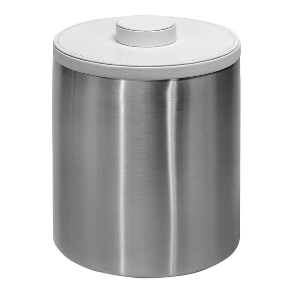 A silver container with a white lid.
