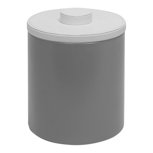 A grey round container with a white lid.