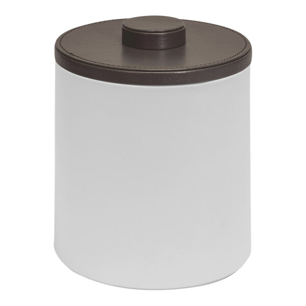 A white Room360 ice bucket with a brown lid.