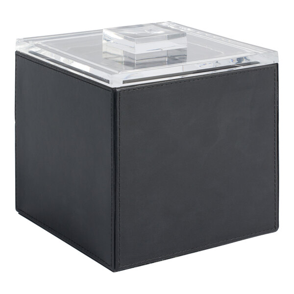 A black faux leather box with a clear acrylic lid containing an ice bucket.