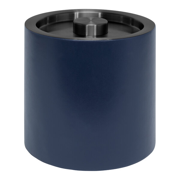 A navy blue metal cylinder with a matte black lid.