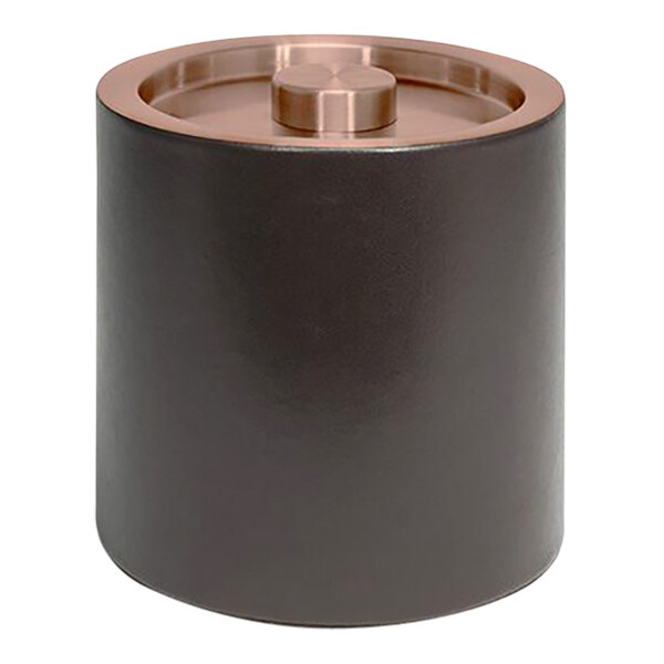 A black and rose gold faux leather ice bucket with a round top.