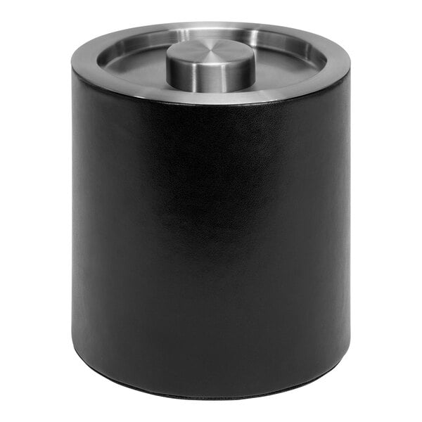 A black faux leather Room360 ice bucket with a silver lid.