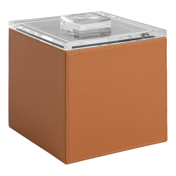 A brown faux leather box with a clear plastic cover.