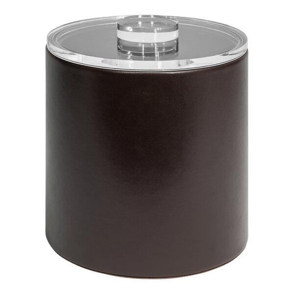 A brown faux leather round ice bucket with clear lid.