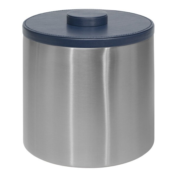 A silver stainless steel Room360 ice bucket with a navy blue lid.