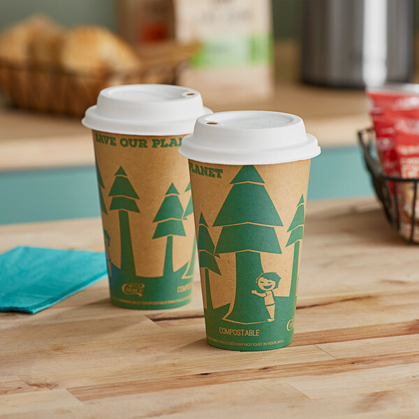 Two EcoChoice Kraft paper cups with a tree print on them.