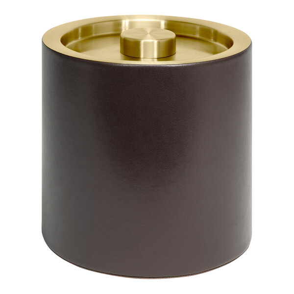 A brown faux leather cylinder with a round brass top.