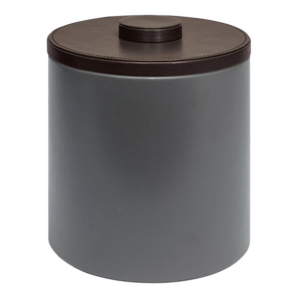 A gray Room360 London faux leather ice bucket with a brown lid.