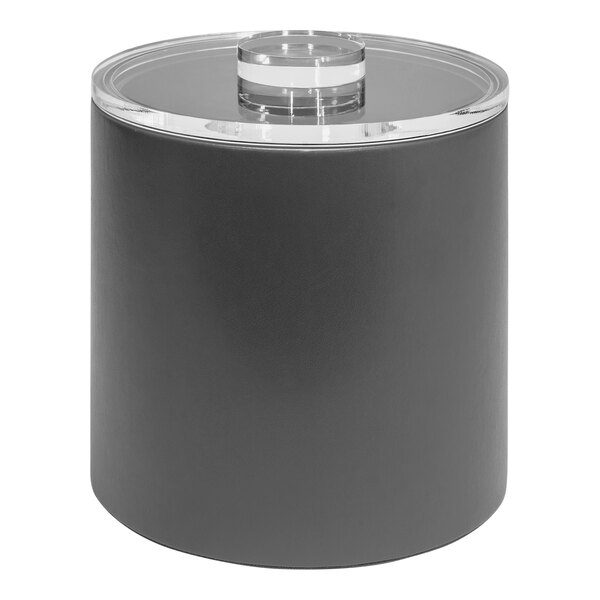 A round black and gray Room360 London ice bucket with a clear lid.