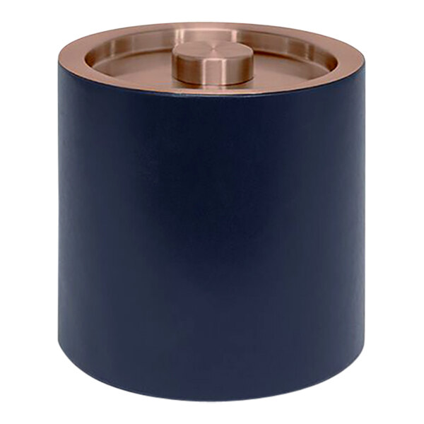 A navy blue faux leather Room360 London ice bucket with a rose gold lid.