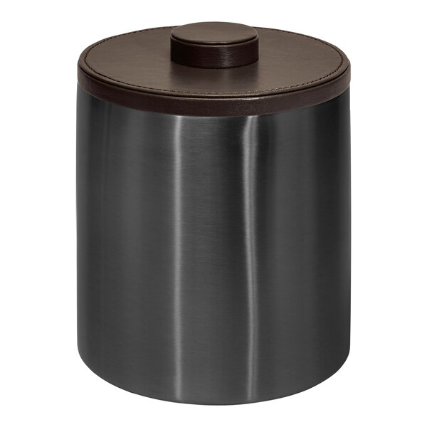 A matte black stainless steel Room360 metal container with a brown lid.