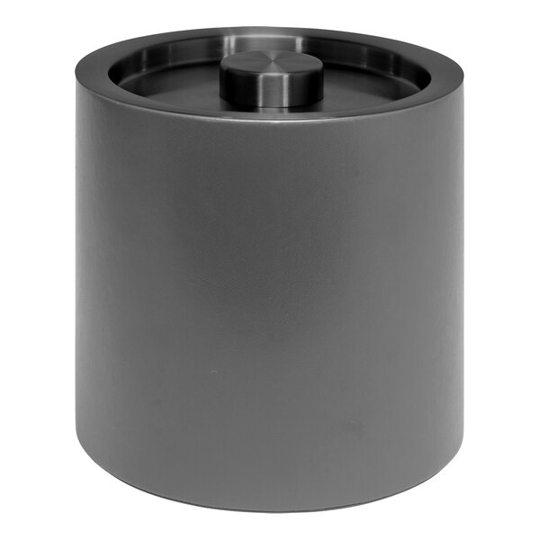 A round metal Room360 ice bucket with a round matte black lid.