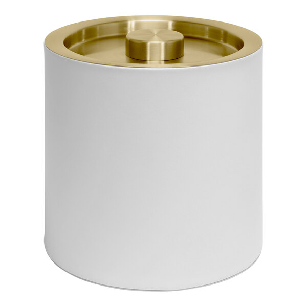 A white Room360 ice bucket with a matte brass lid.