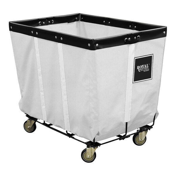 A white laundry cart with a black steel base and wheels.