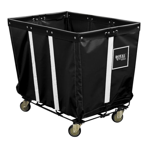 A black Royal Basket Truck with a steel base and 4 swivel casters.