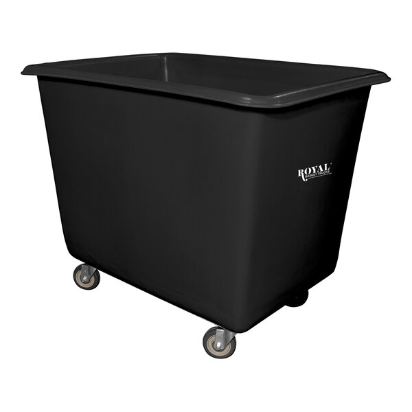 A black plastic bin with steel base and wheels.