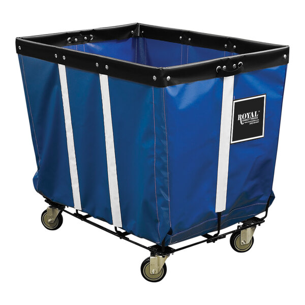 A blue Royal Basket Truck with white steel base and wheels.
