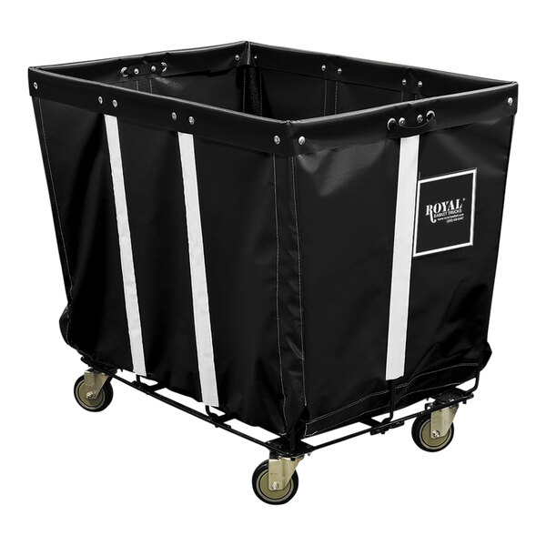 A black fabric Royal Basket Truck with a steel base and white casters.