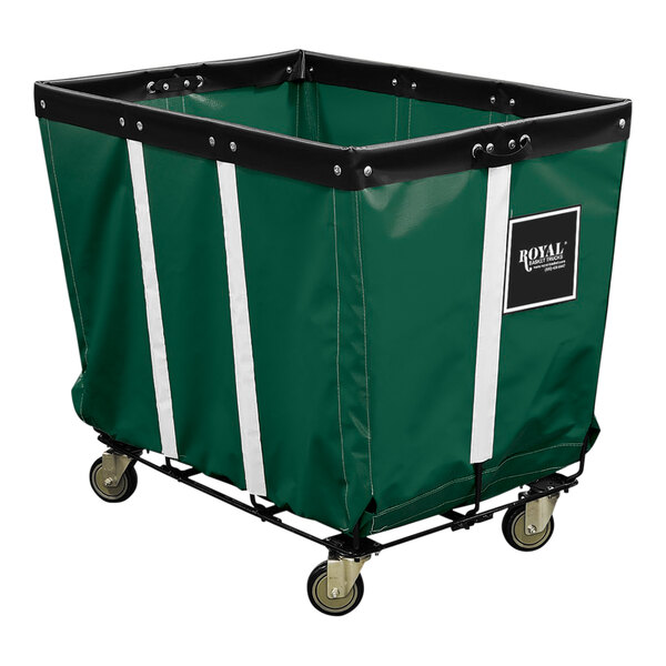 A green and black Royal Basket Truck with wheels and a steel base.