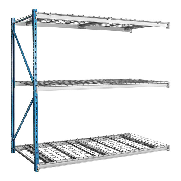 A Hallowell metal bulk rack add-on with three blue metal shelves and metal grid.