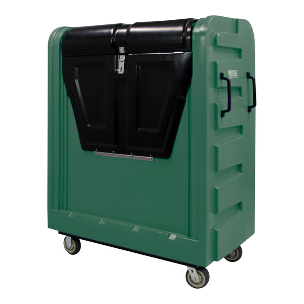 A green and black plastic container with a steel base and 4 swivel casters.