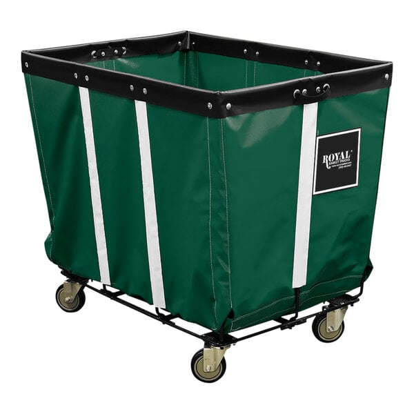A green Royal Basket Truck with a steel base and wheels.