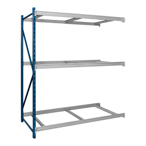 A blue and silver Hallowell metal shelving rack with three shelves.