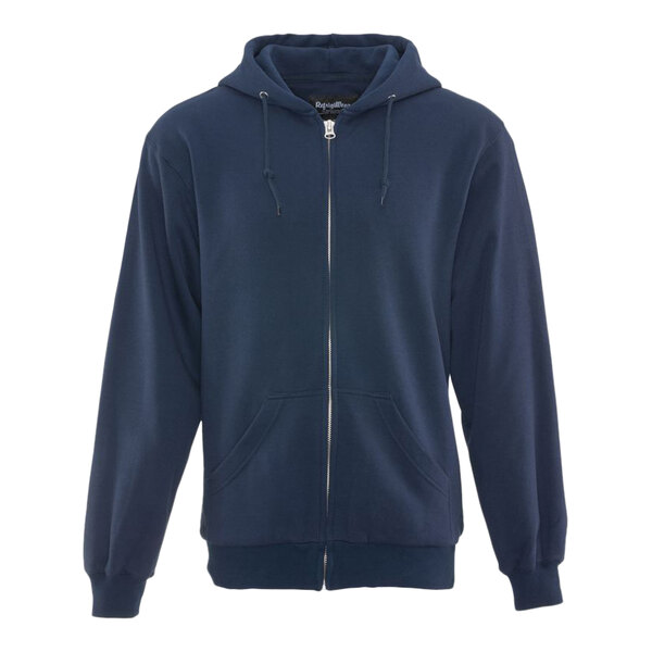 A navy RefrigiWear zip-up thermal lined sweatshirt with a hood.
