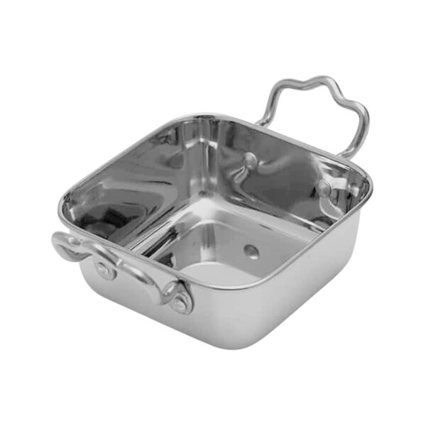 An American Metalcraft stainless steel square pan with handles.