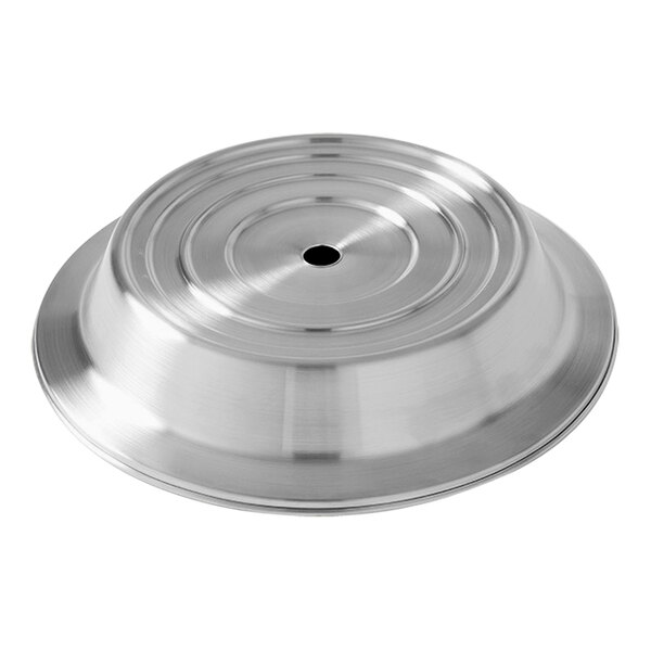 An American Metalcraft satin finish stainless steel cover for a stock plate with a hole in the center.
