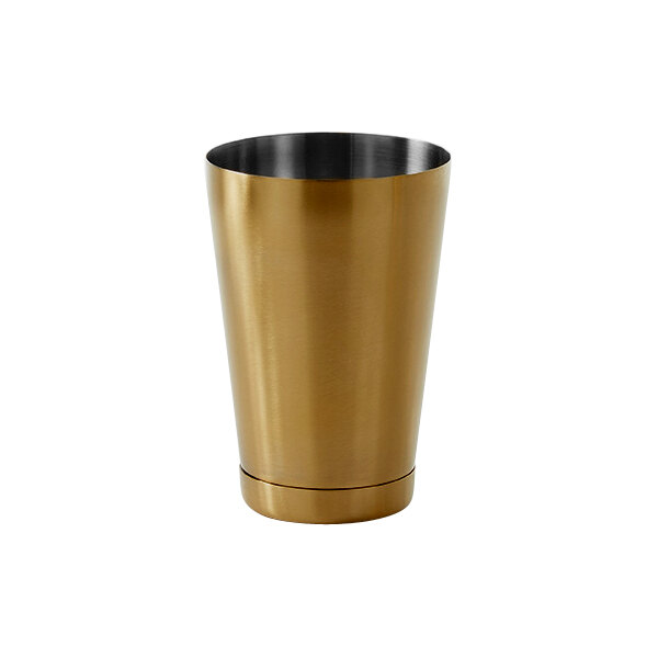 An American Metalcraft gold cocktail shaker with a black rim.