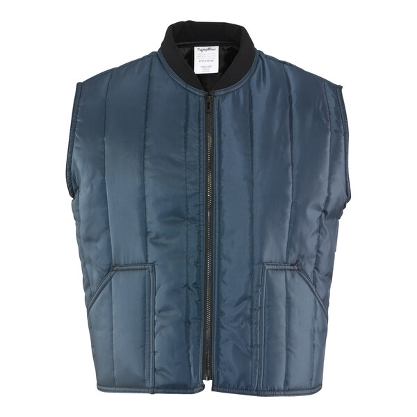 A navy blue RefrigiWear Econo-Tuff quilted vest with black zippers.
