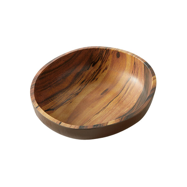 An American Metalcraft Acacia Wood Melamine Bowl on a table.
