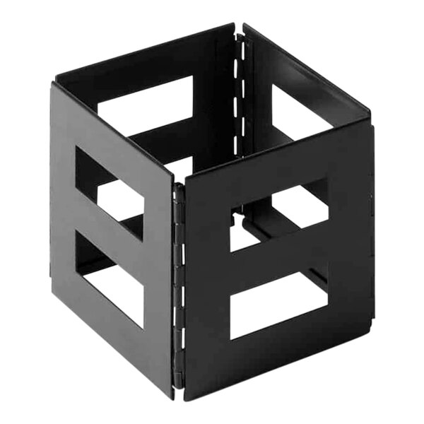 A black stainless steel metal crate with holes.