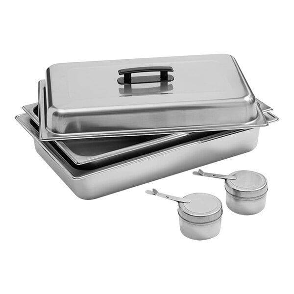 An American Metalcraft stainless steel rectangular food pan kit with lids and fuel holders.