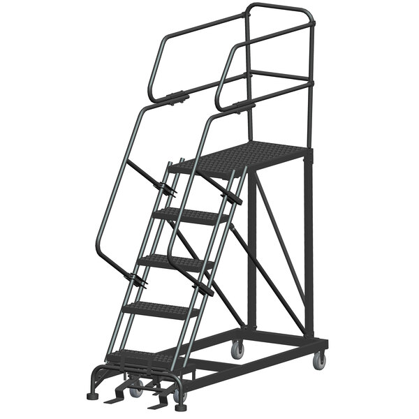 A black metal Ballymore ladder with wheels and a handrail.