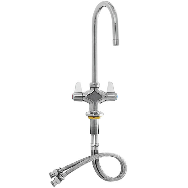 A stainless steel Equip by T&S deck-mounted faucet with a gooseneck spout and lever handles.
