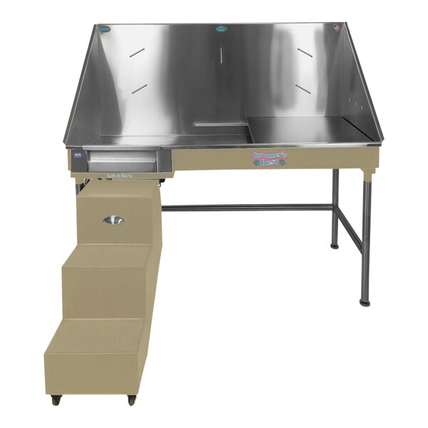 A stainless steel Groomer's Best bathing tub with a ramp.